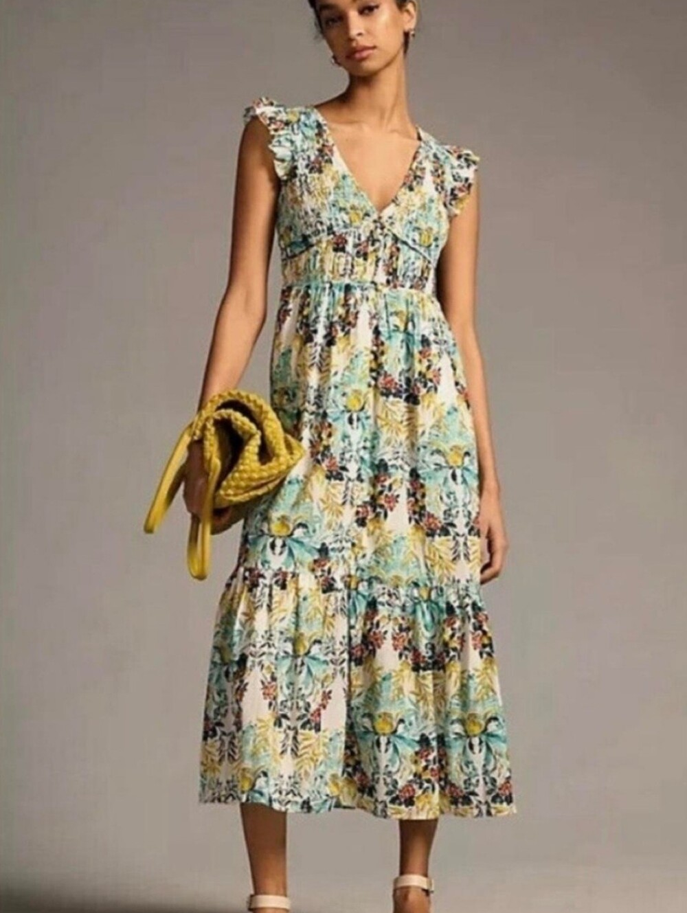 Anthropologie Floral Tiered Maxi Dress in Yellow and Teal